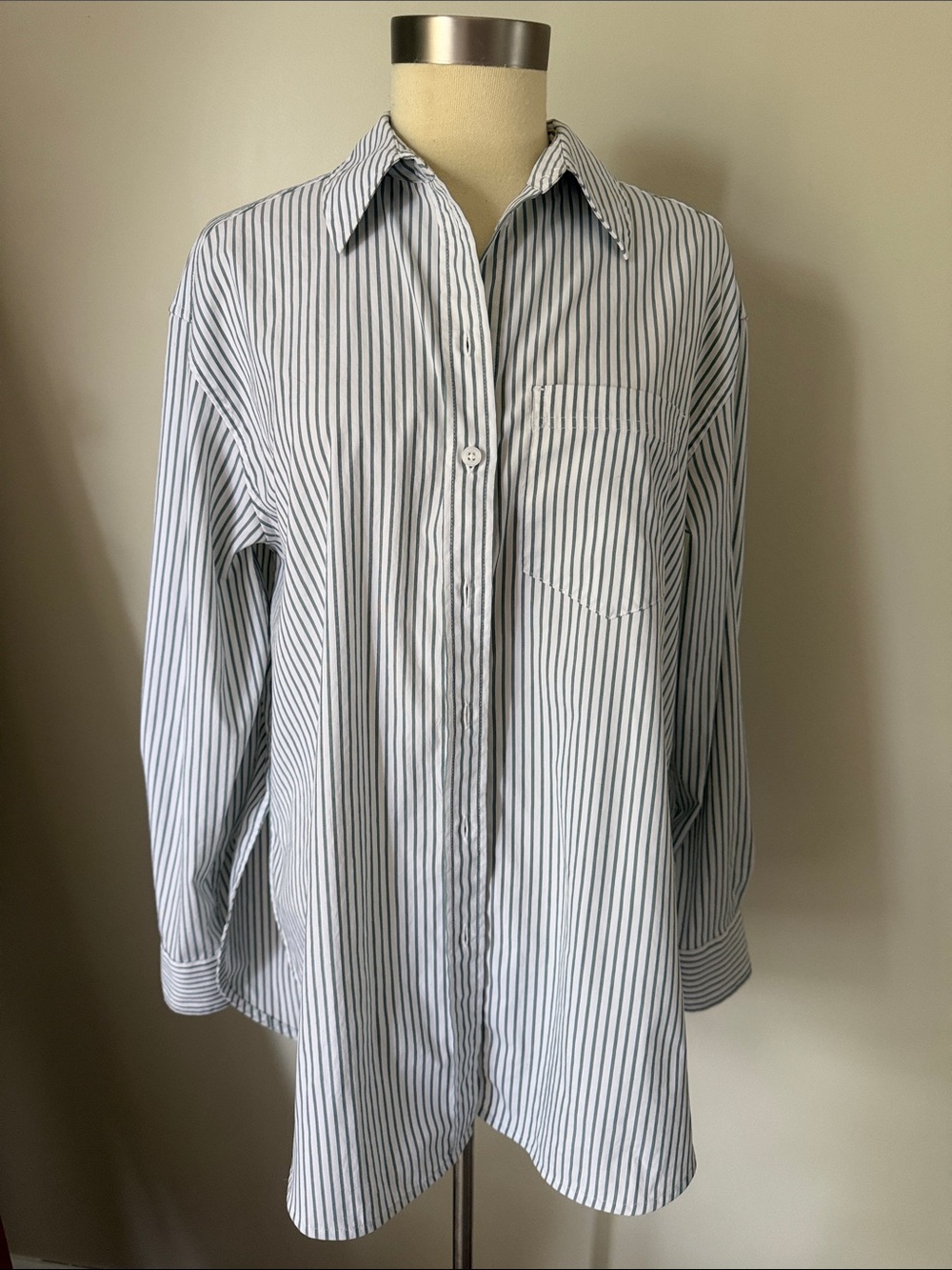Women’s Athleta oversized green and White Striped Button-Up Shirt
